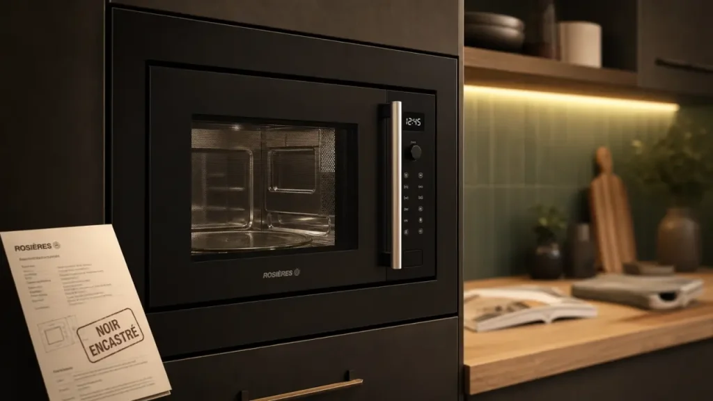 Micro onde noir encastrable en niche de cuisine, noir mat, encastré