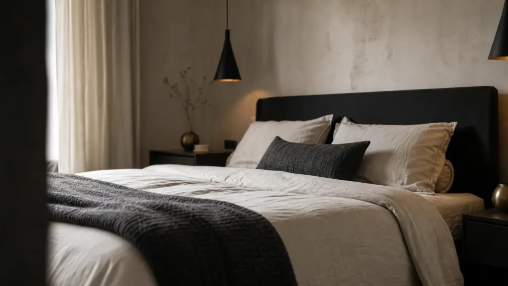 Noir et blanc chambre : textures et lumière, lit et rideaux en lin