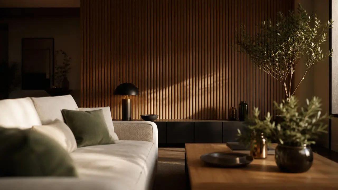 Panneau décoratif en bois à tasseaux fins en chêne clair dans un salon lumineux
