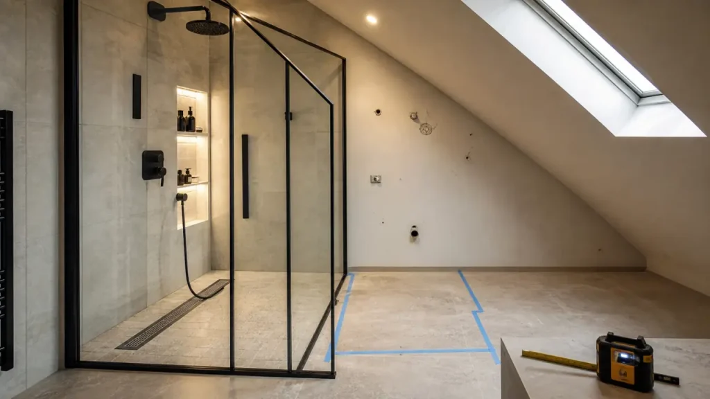 Paroi douche sous pente avec pan coupé en verre 8 mm