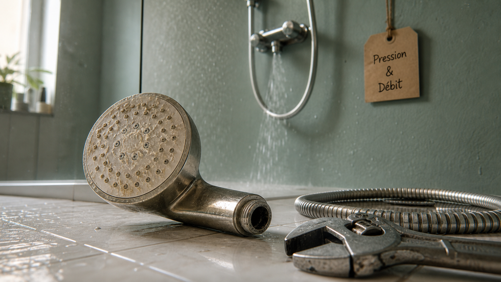 Pas de pression douche : pommeau démonté et traces de calcaire, vérifier mitigeur ou réducteur
