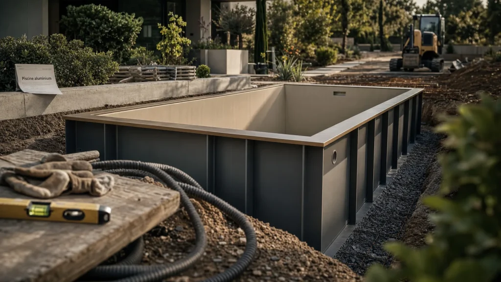Piscine en aluminium installée sur chantier, panneaux gris et margelle bronze.