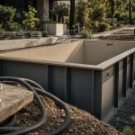 Piscine en aluminium installée sur chantier, panneaux gris et margelle bronze.
