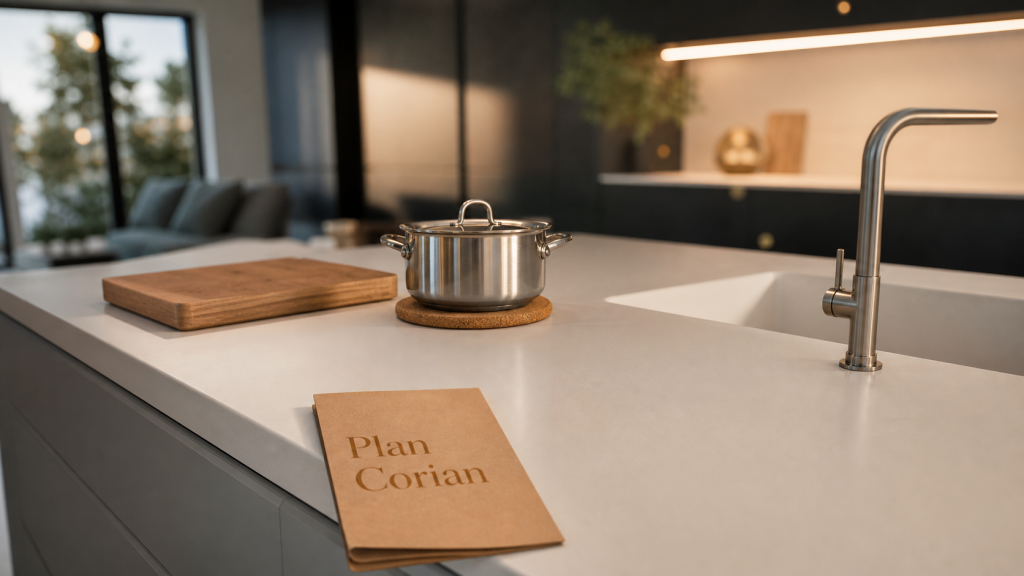 Plan de travail en corian, évier intégré sans joint, entretien facile