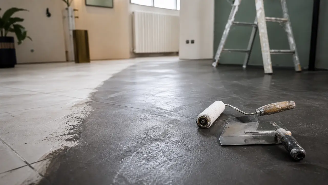 Sol en béton ciré gris lors d'une rénovation intérieure