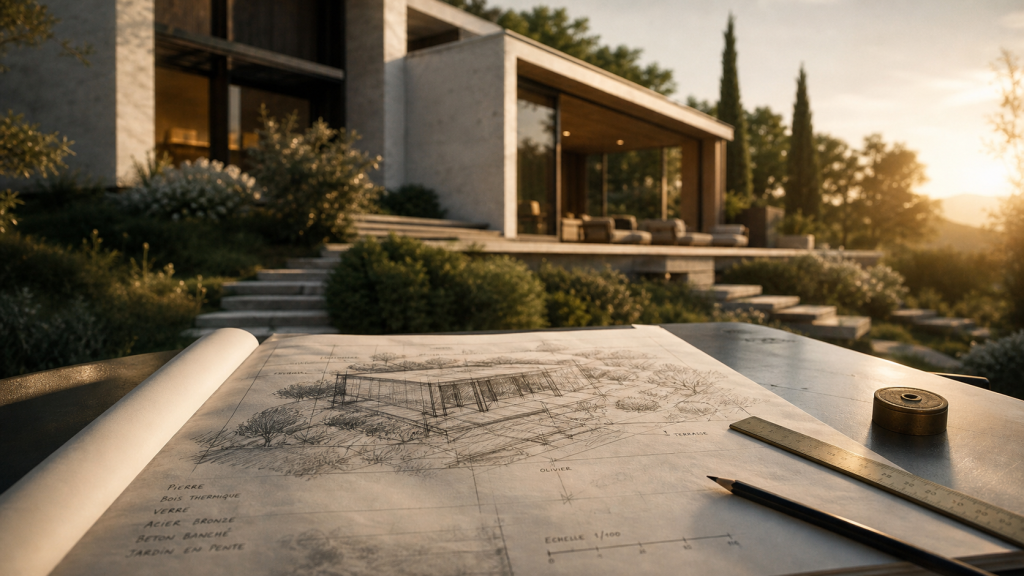 Qu’est ce qu’une maison d’architecte : photo d’une maison contemporaine avec plans et terrain
