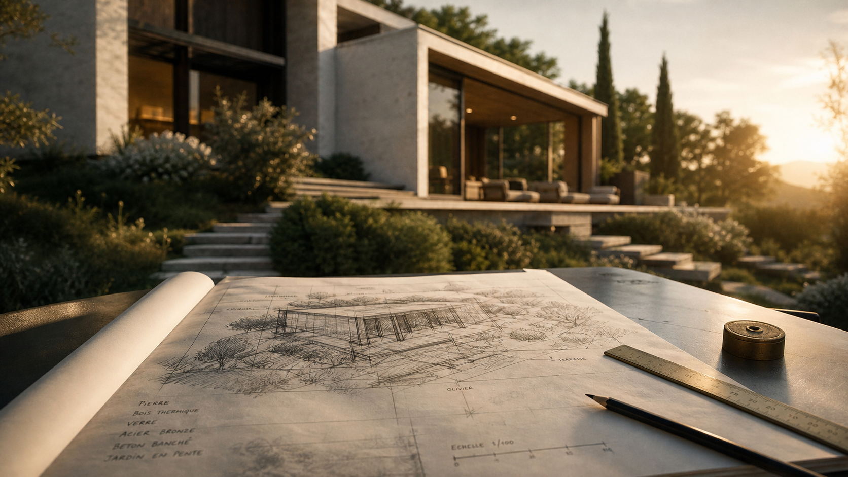 Qu’est ce qu’une maison d’architecte : photo d’une maison contemporaine avec plans et terrain