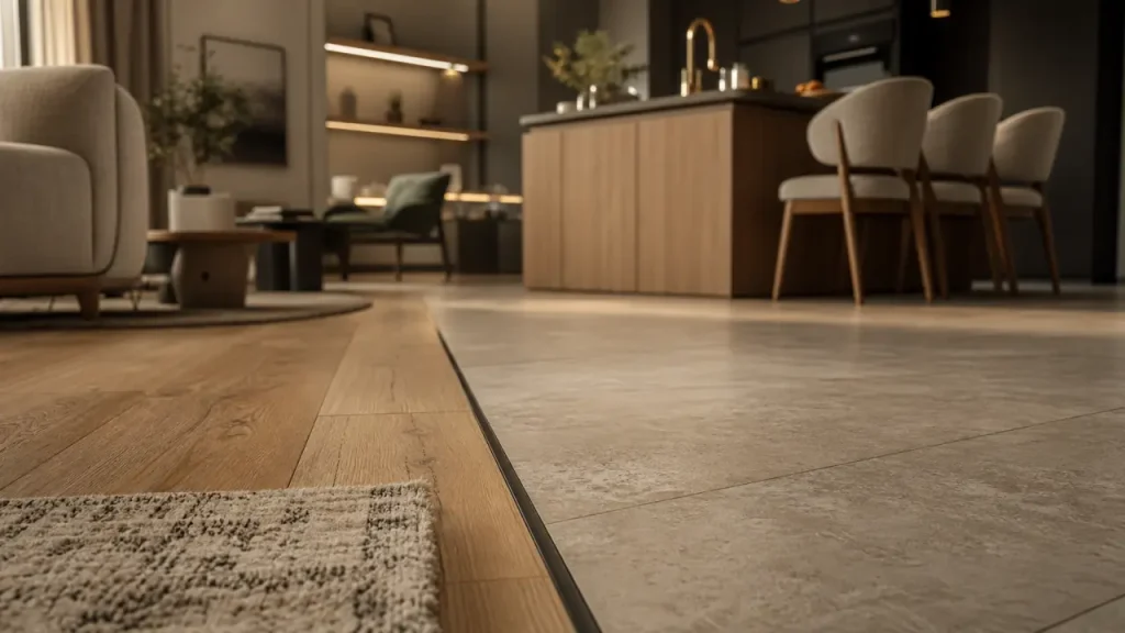 Jonction salon parquet cuisine carrelage avec profilé noir mat