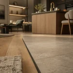 Jonction salon parquet cuisine carrelage avec profilé noir mat