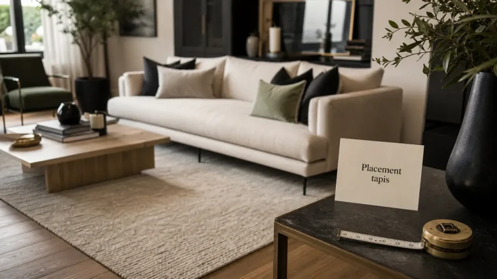 Tapis dans salon sous le canapé : placement pour éviter l’effet perdu