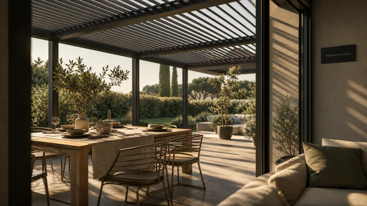 Terrasse couverte maison avec pergola légère orientable