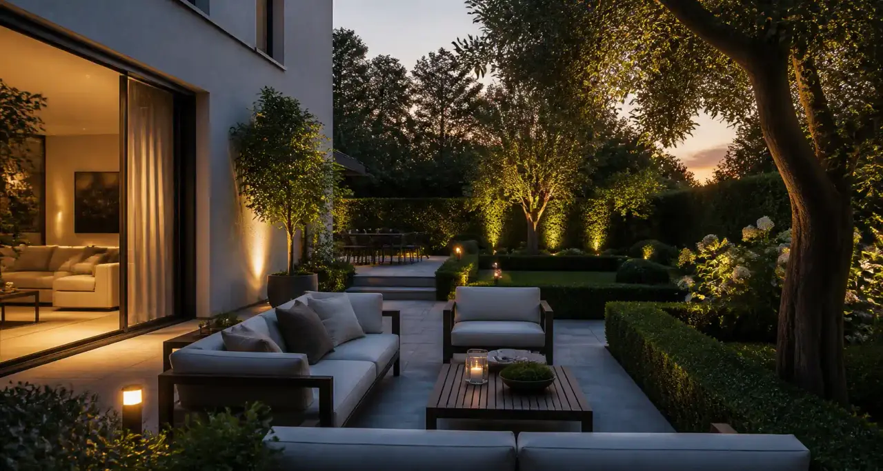 Terrasse de jardin élégante avec mobilier sombre en soirée