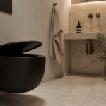 Toilette coloré noire mate avec touches vert sauge dans salle d’eau contemporaine
