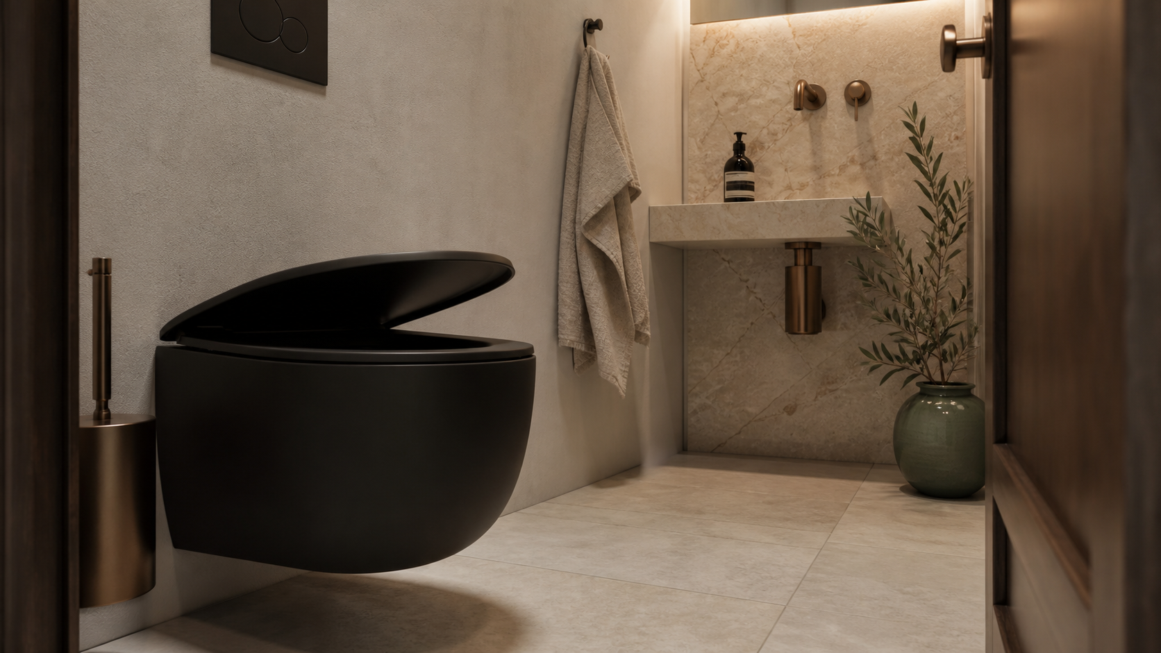 Toilette coloré noire mate avec touches vert sauge dans salle d’eau contemporaine