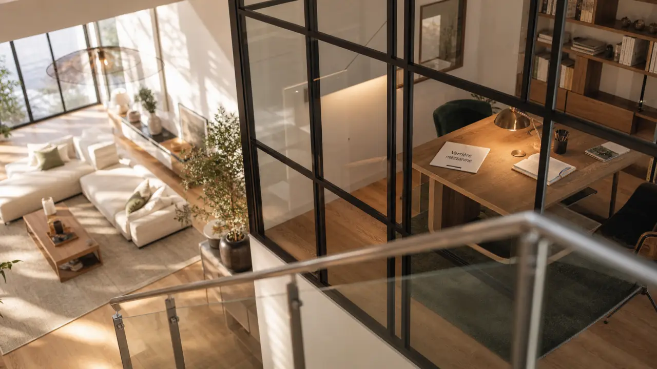 Verrière pour mezzanine fermée : lumière préservée, salon lumineux