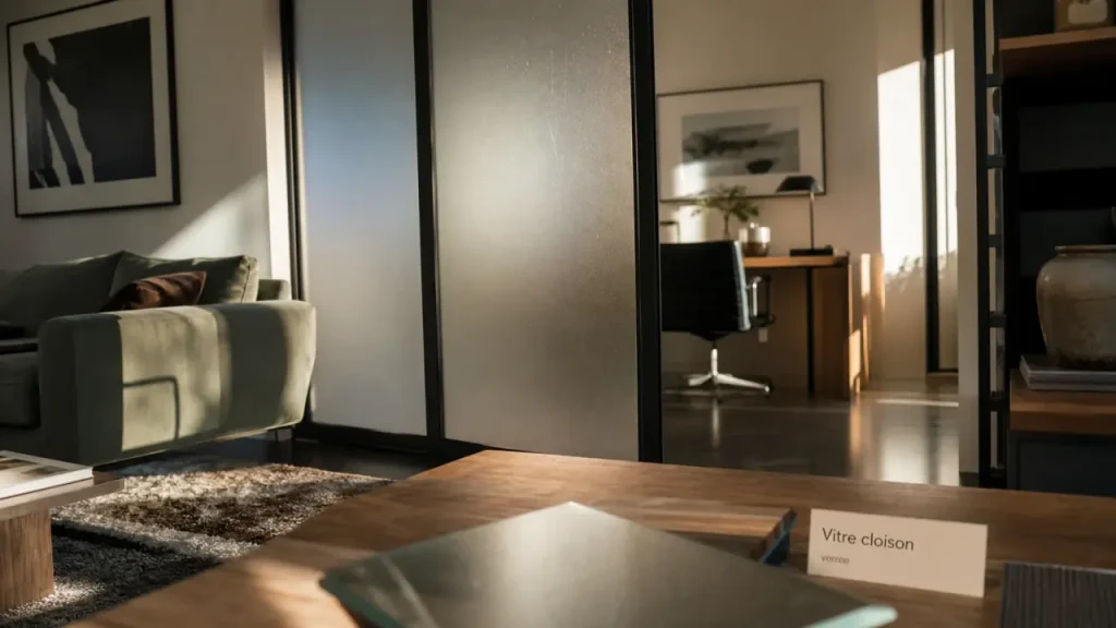 Vitre pour cloison interieure en verre depoli laissant passer la lumière