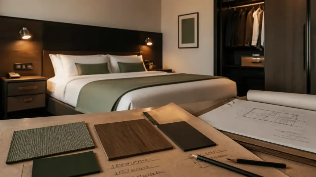 Agencement hôtel sur mesure : chambre témoin, matériaux durables