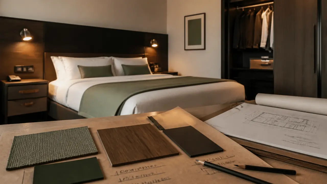 Agencement hôtel sur mesure : chambre témoin, matériaux durables