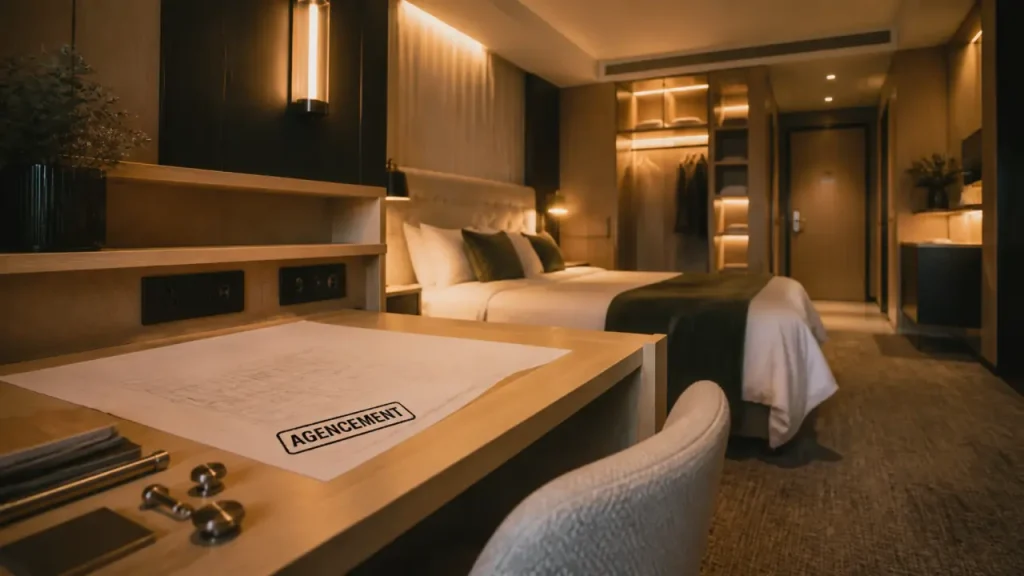Agencement hotels : chambre témoin d’hôtel en finition sur-mesure