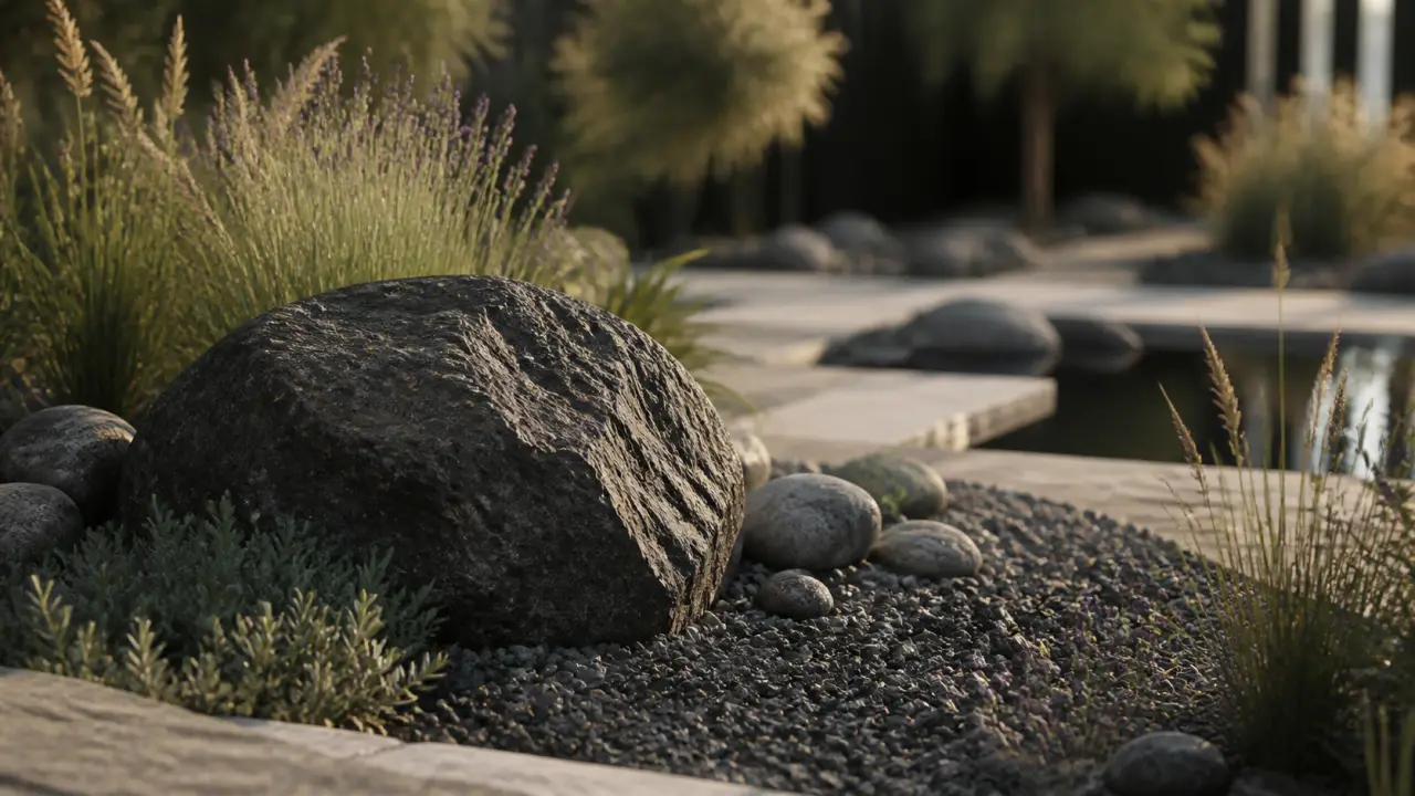 Aménagement paysager deco jardin avec grosses pierres : rocher granit et drainage