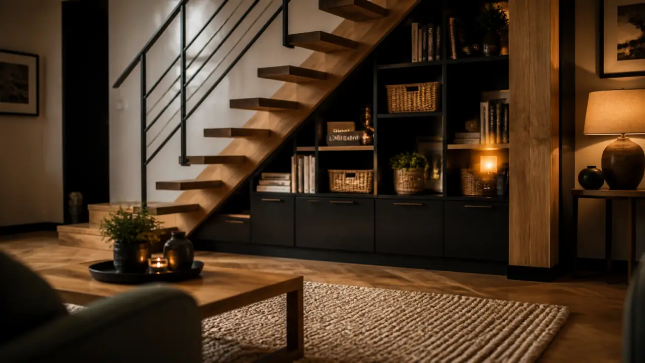 Aménagement sous escalier ouvert : rangement et alcôve sous escalier, niches et tiroirs