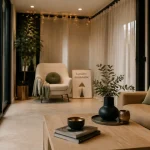Décoration véranda intérieur, véranda lumineuse en noir mat, blanc cassé et vert sauge