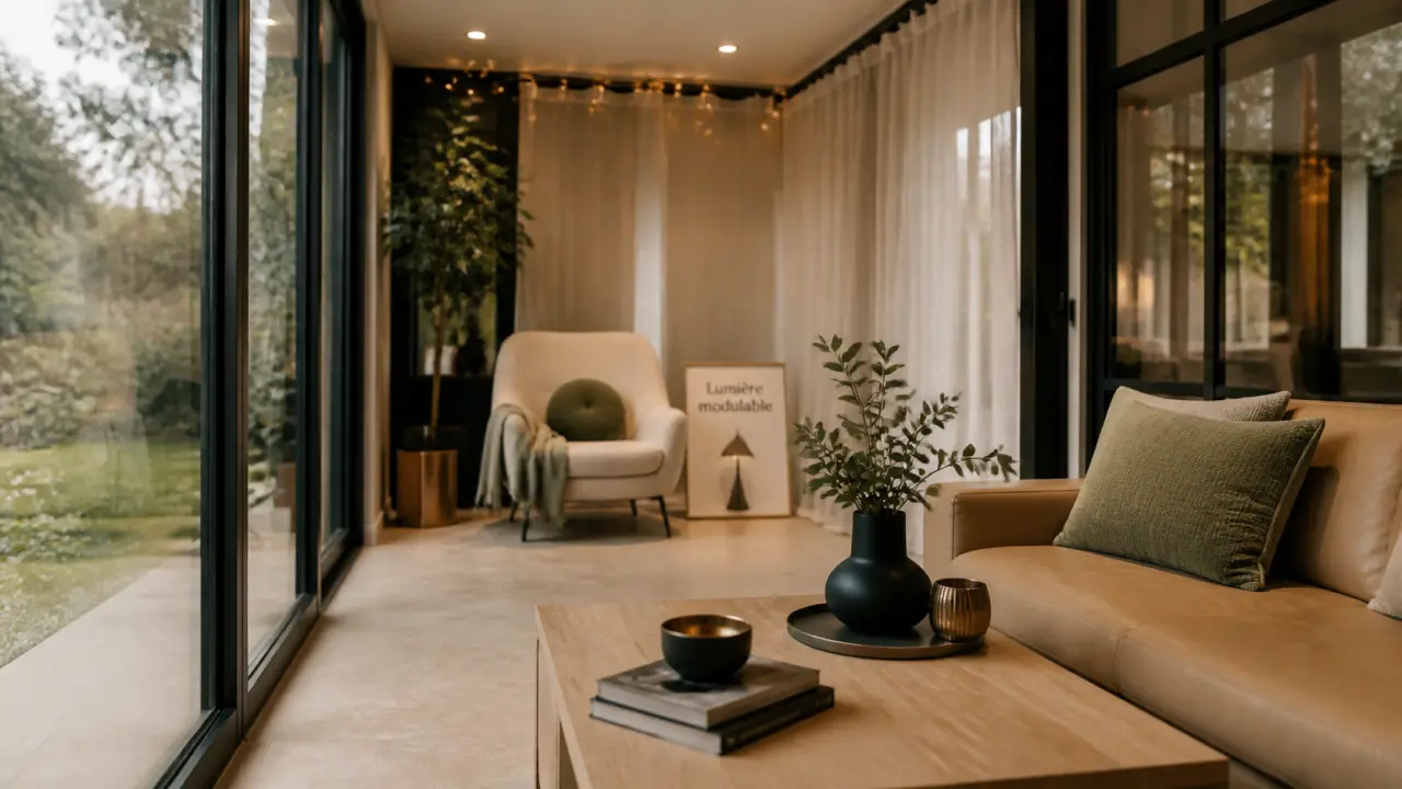 Décoration véranda intérieur, véranda lumineuse en noir mat, blanc cassé et vert sauge