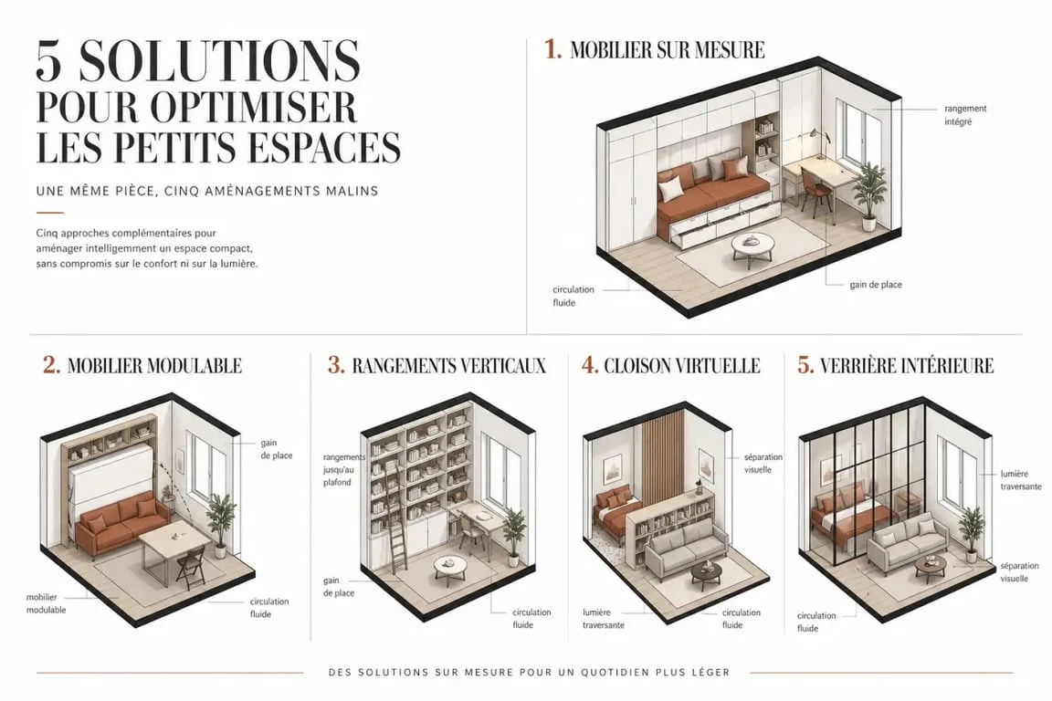 Optimisation espaces : comparaison visuelle des solutions sur mesure, modulable, rangements verticaux, cloison virtuelle et verrière intérieure