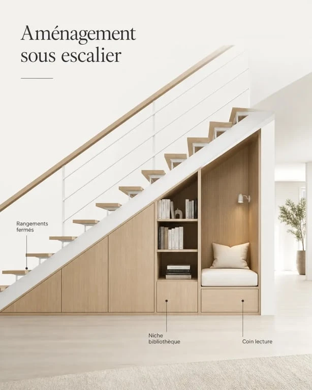 Aménagement sous escalier ouvert dans un salon avec rangements, bibliothèque et coin lecture