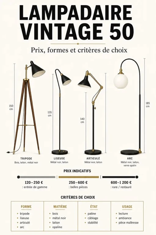 Comparatif visuel pour choisir un lampadaire vintage année 50 selon la forme, la matière et le prix