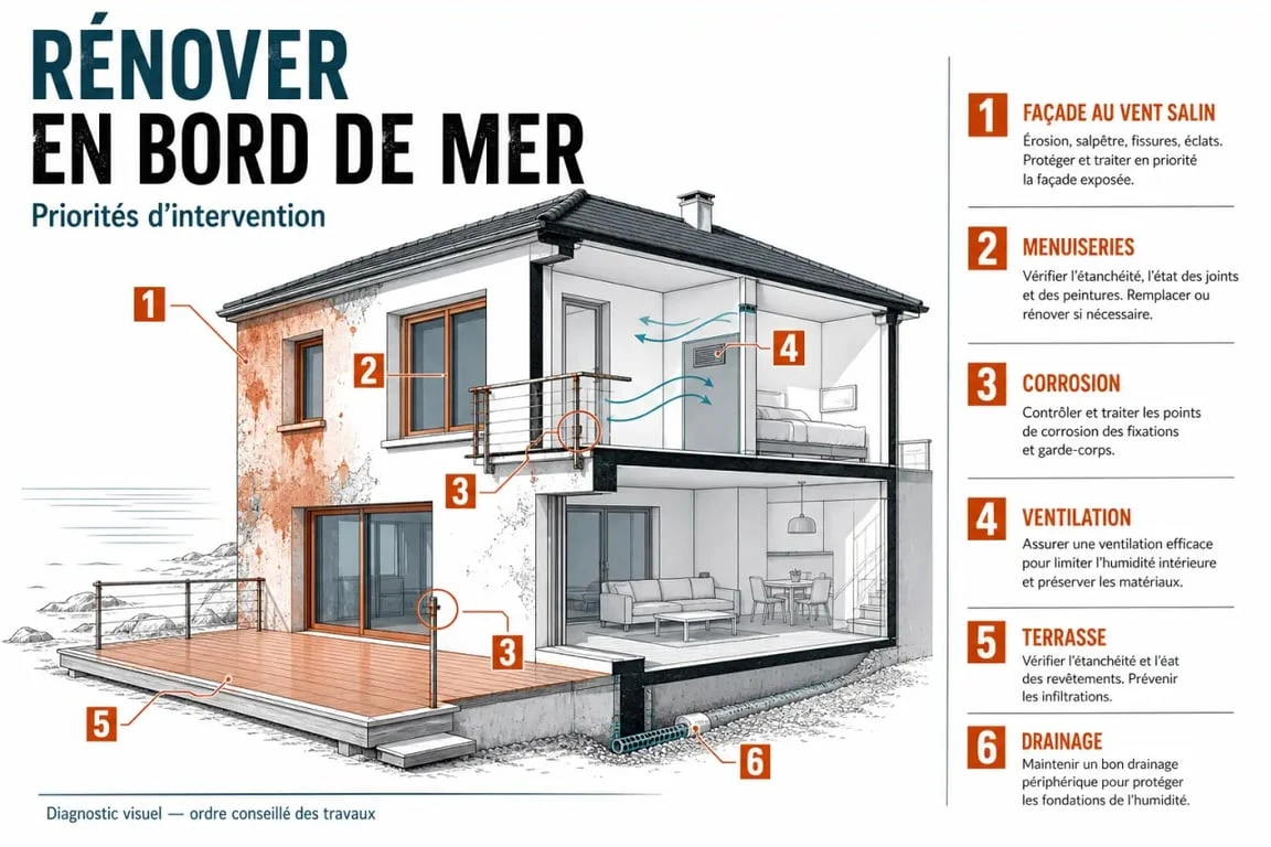 rénovation maison bord de mer : maison littorale avec zones exposées, façade, menuiseries, ventilation et terrasse