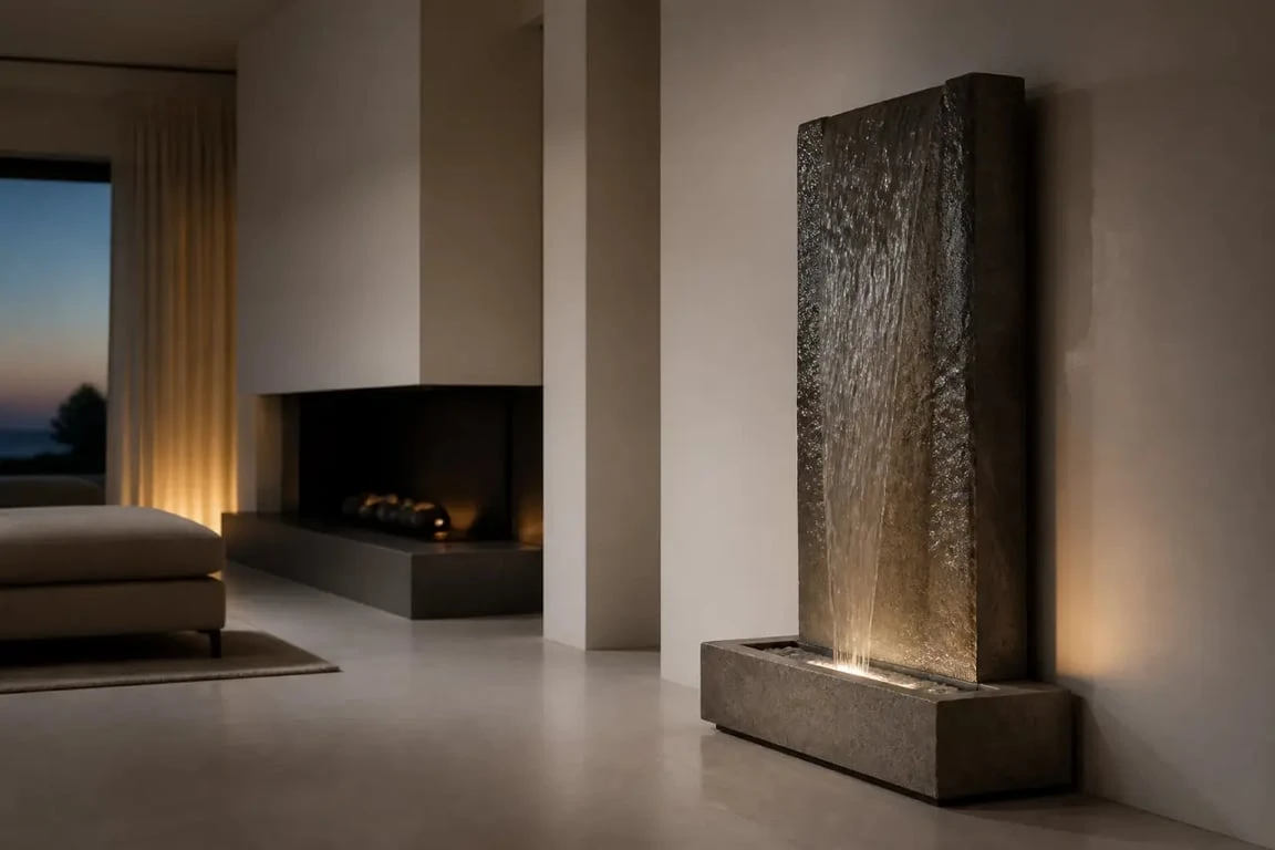 Fontaine intérieure dans un salon contemporain avec ruissellement d’eau et lumière discrète
