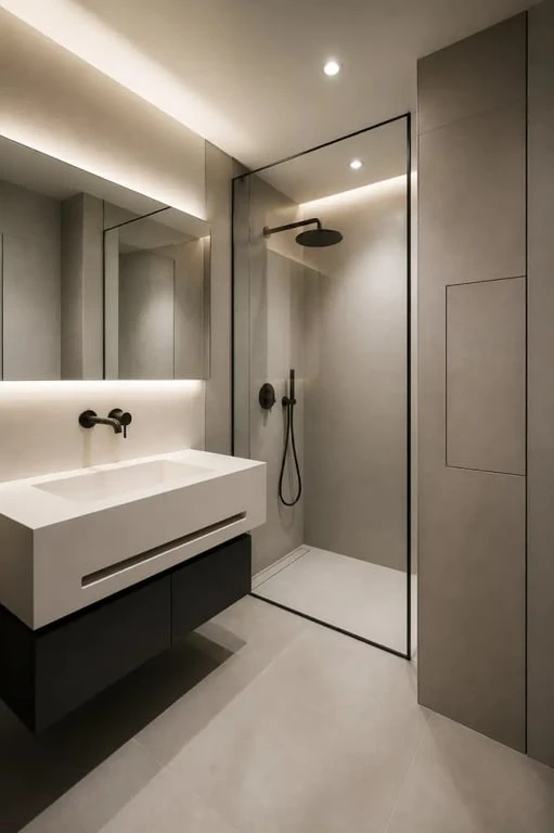 Agencement hotels d’une salle de bains avec meubles compacts et matériaux résistants