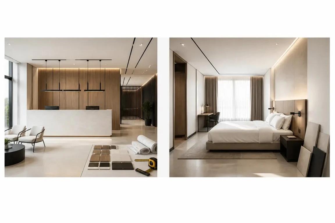 Agencement hotels illustré par une chambre témoin et une réception en phase de validation
