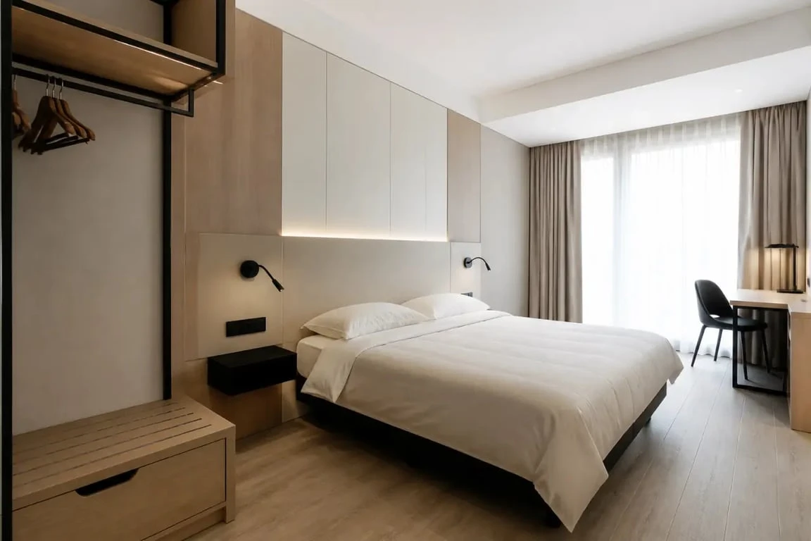 Agencement hotels d’une chambre sur mesure avec rangements intégrés et tête de lit