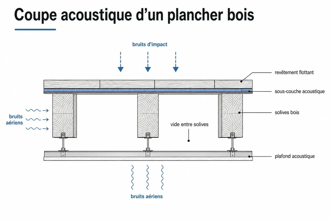 Isolation phonique sur plancher bois : schéma des couches et des chemins de bruit