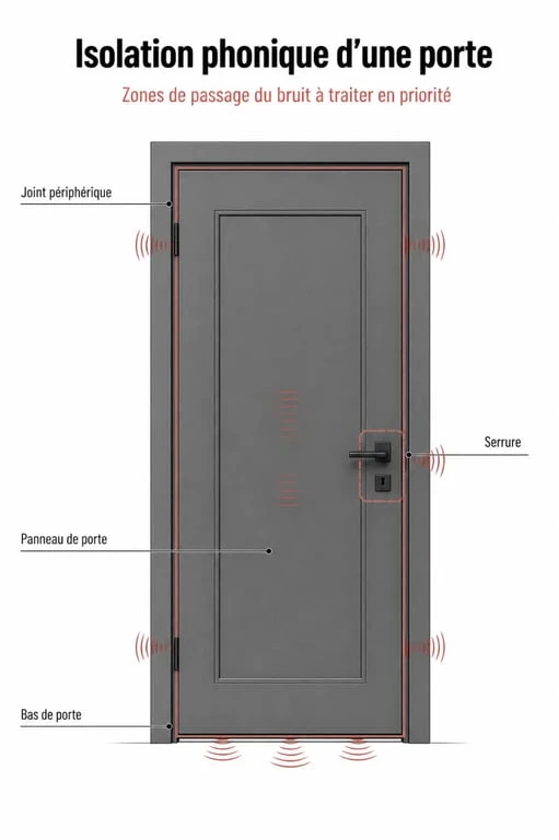 Isoler une porte phoniquement : schéma des fuites sonores autour d’une porte intérieure