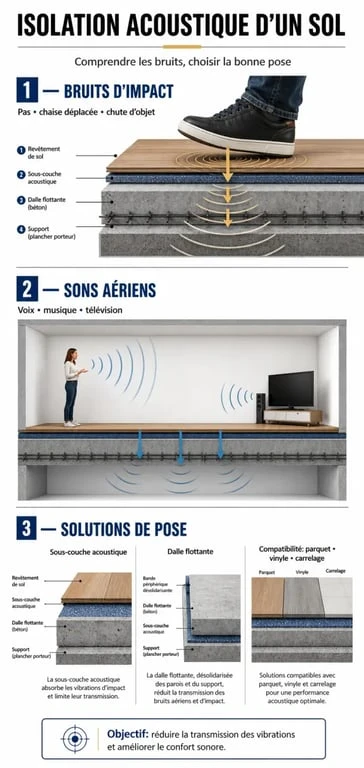 Sol isolation acoustique : infographie comparative des bruits d’impact, des sons aériens et des solutions de pose