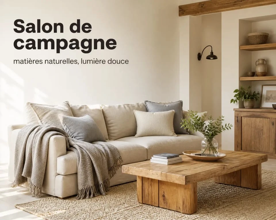 Canapé maison de campagne dans un salon chaleureux avec matières naturelles et bois massif