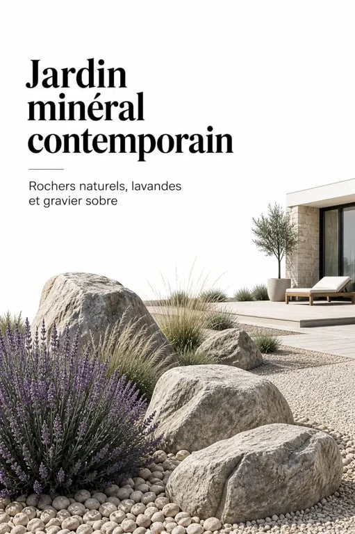 Aménagement paysager deco jardin avec grosses pierres dans un jardin contemporain avec rochers, galets et gravier décoratif
