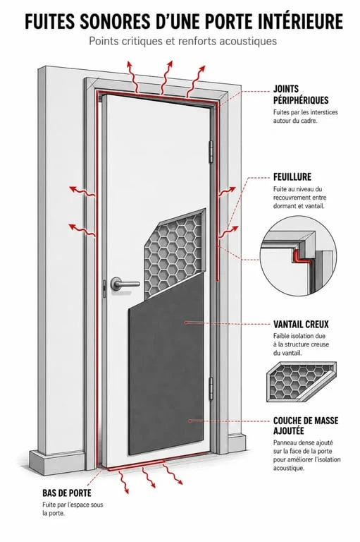 Schéma isolant phonique porte montrant les fuites sonores autour du vantail, des joints et du bas de porte