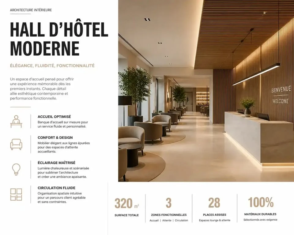 Agencement hôtelier moderne optimisant l'espace et le parcours client