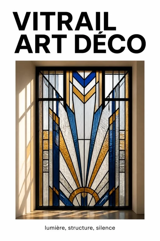 Vitrail art deco géométrique avec verre texturé et lumière naturelle