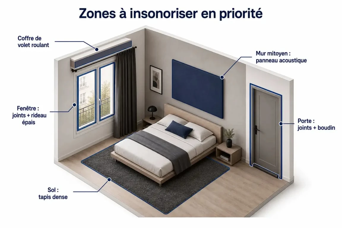 Insonoriser une chambre : schéma des zones prioritaires à traiter dans une chambre calme