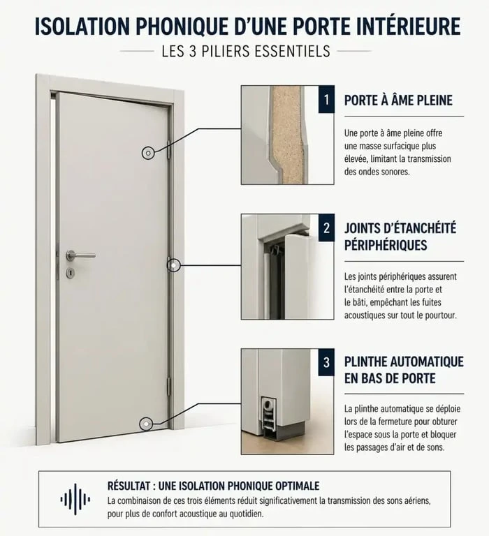 Schéma des trois piliers de l'isolation phonique d'une porte intérieure