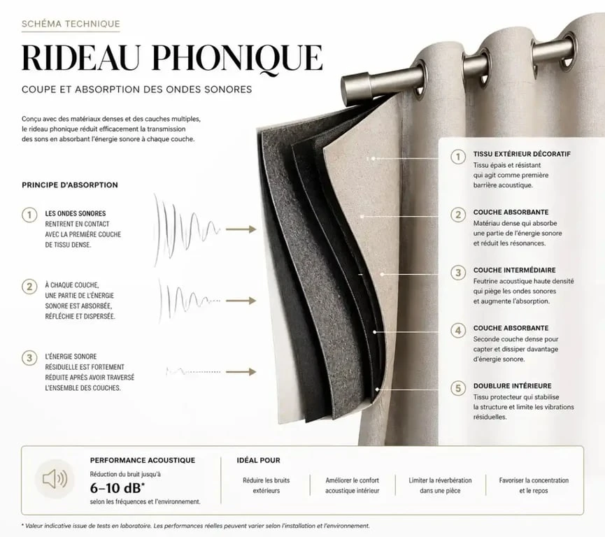 Schéma de fonctionnement d'un rideau phonique anti bruit