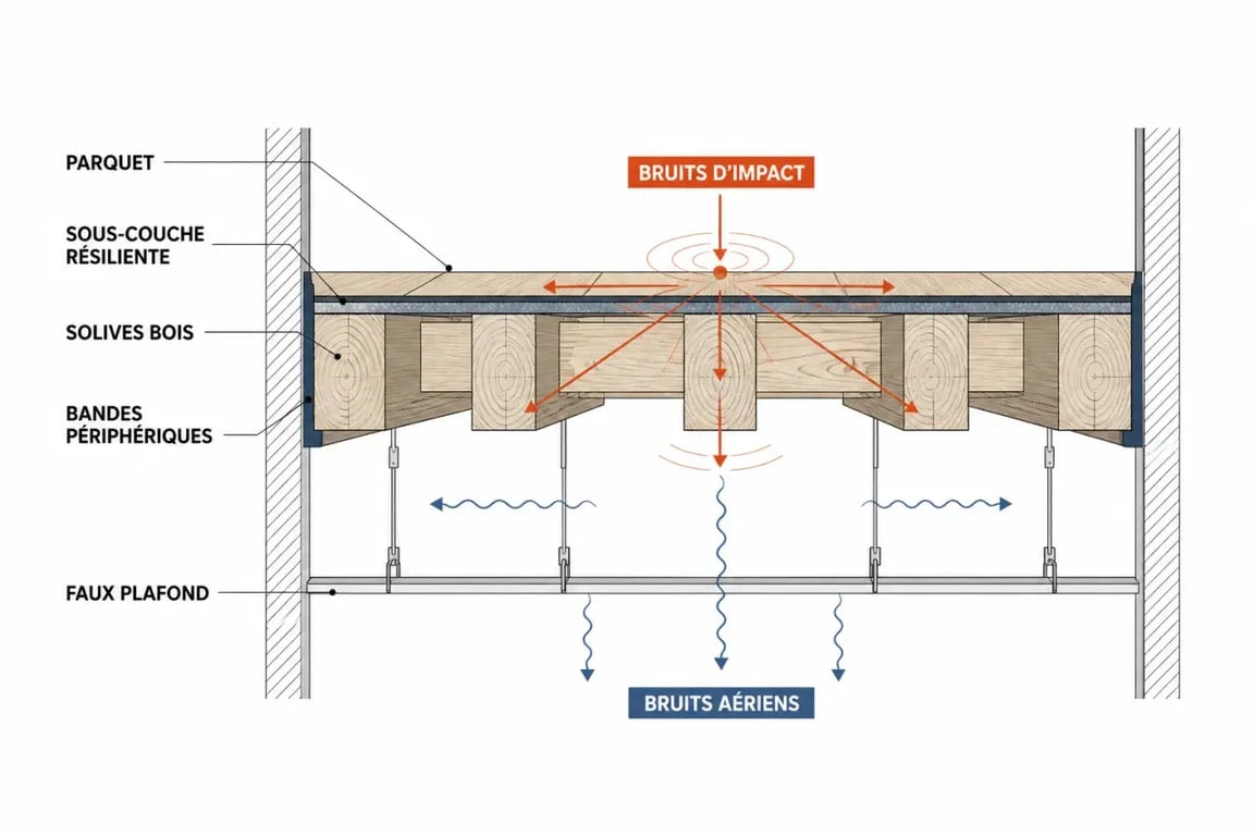 Schéma de l’isolant phonique plancher bois en coupe avec désolidarisation et flèches de transmission sonore