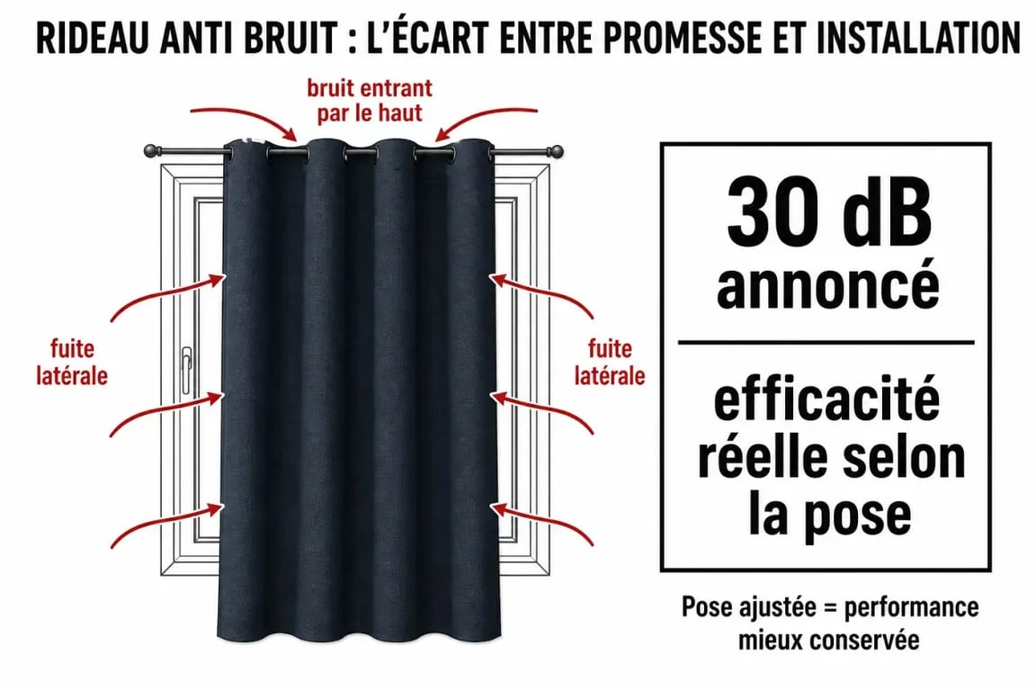 Rideau anti bruit 30 dB illustré avec l’écart entre promesse annoncée et efficacité réelle