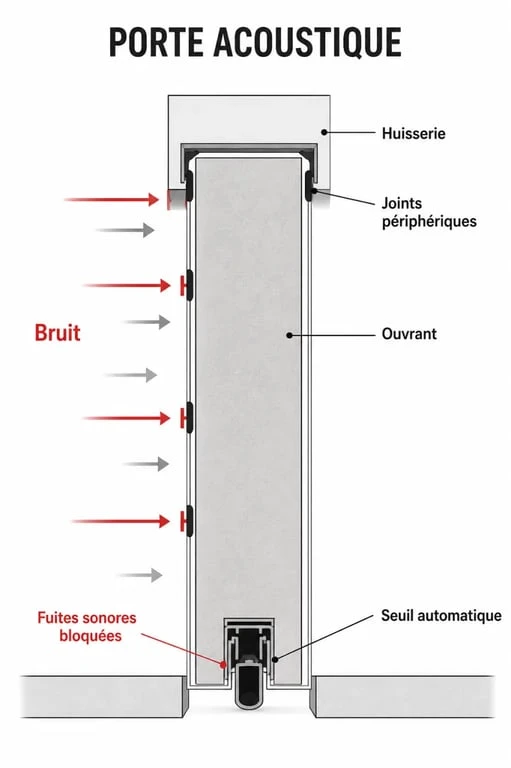 Comment choisir une porte acoustique : schéma des joints, de l’huisserie et du seuil automatique