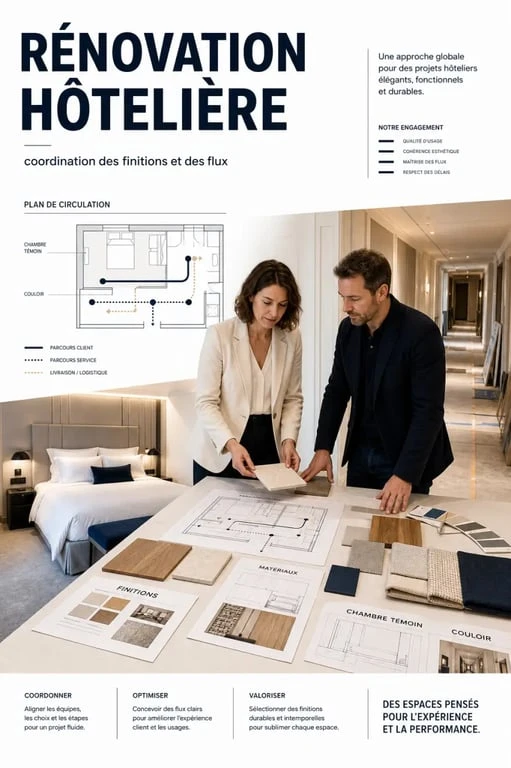 Agencement hôtel : scène éditoriale d’une chambre témoin et d’échantillons de matériaux
